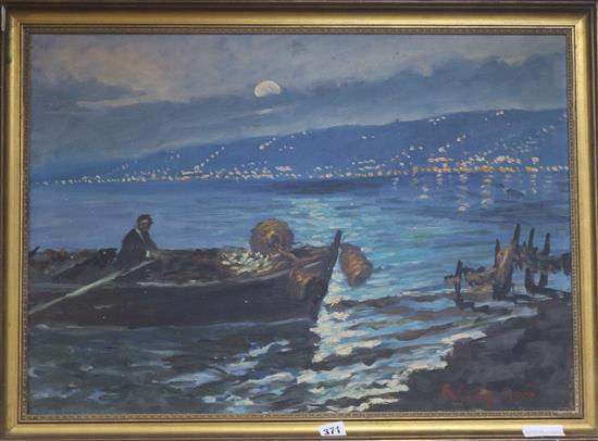 Roberto Carignani (1894-1975) Fishing boat under moonlight 48 x 69cm